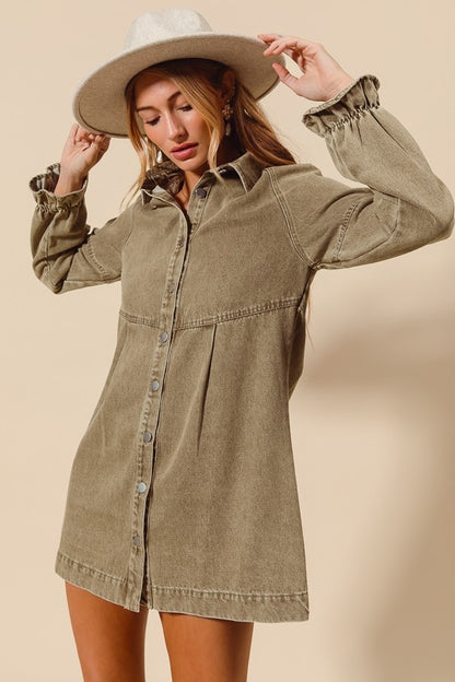 Button down denim dress in Olive