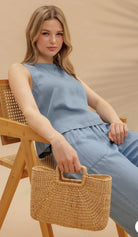 ROUND NECK BACK BUTTON SLEEVELESS CHAMBRAY TOP-How Cute is That? Boutique