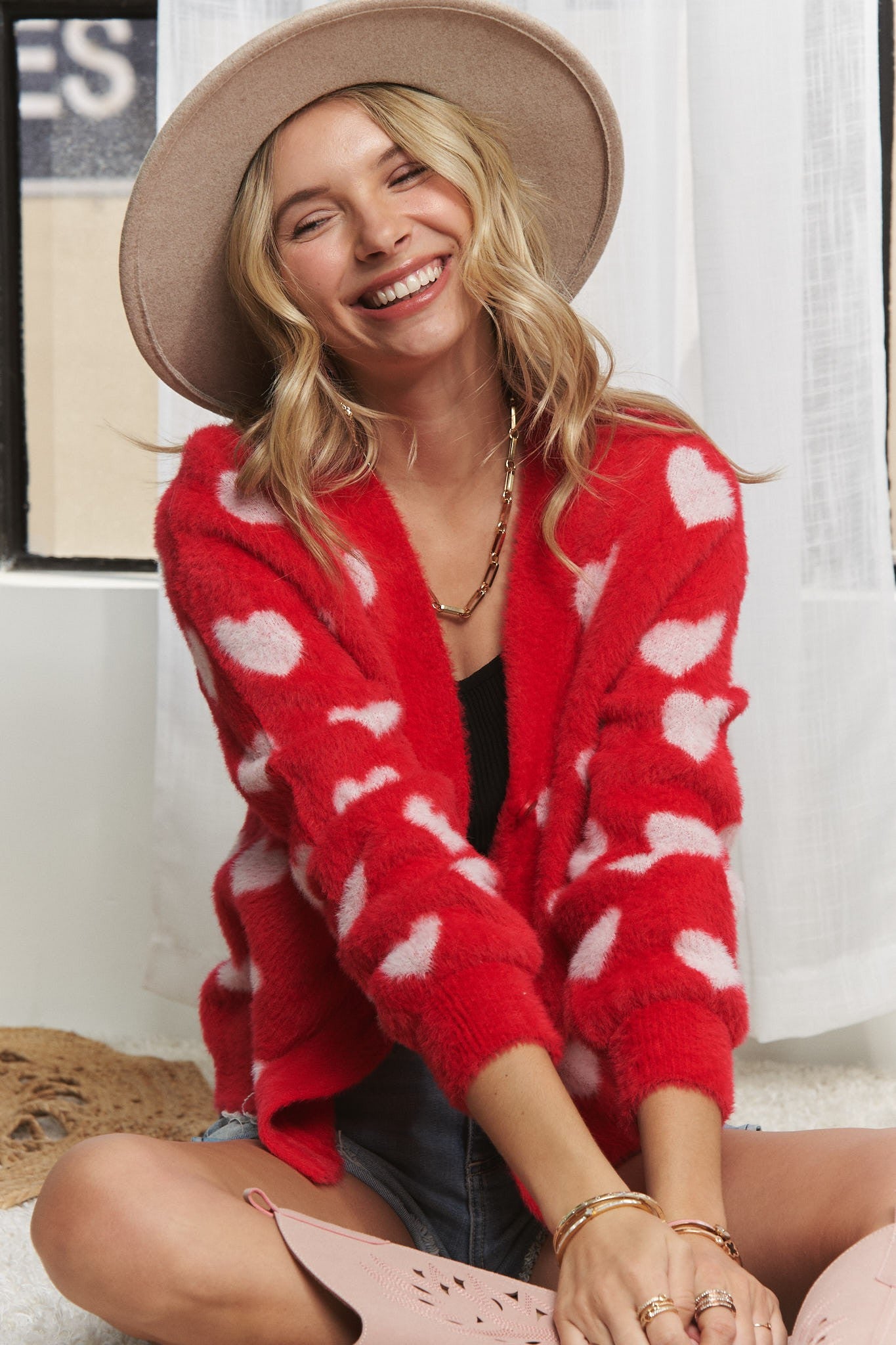 LOVELY HEART FUZZY VALENTINE SWEATER CARDIGAN