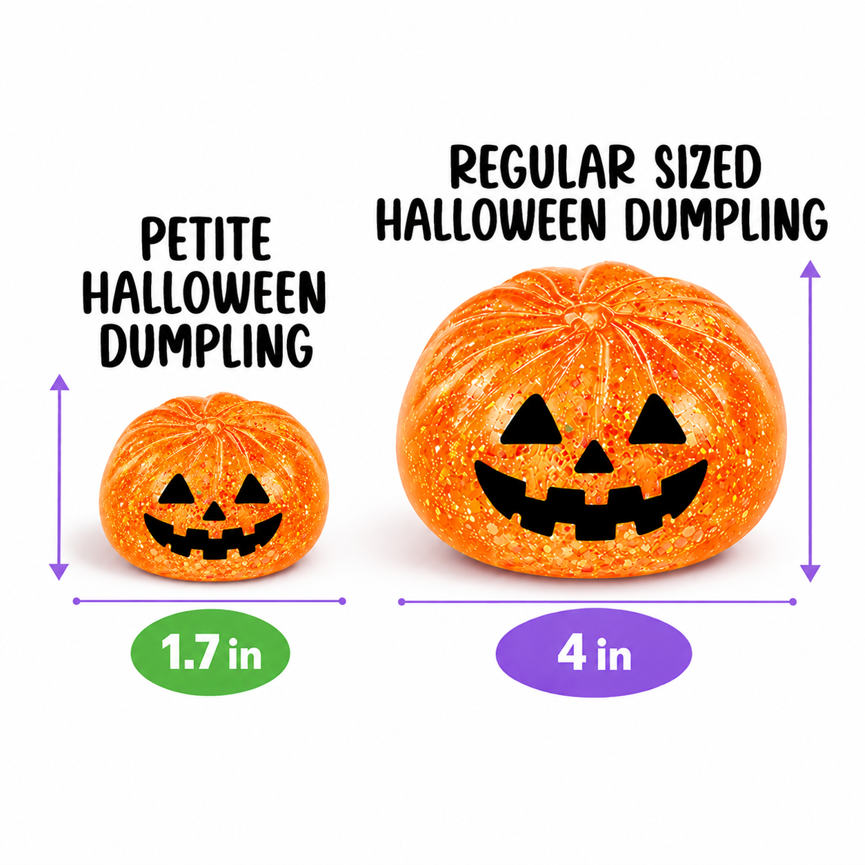 Two Halloween-themed dumplings with sizes labeled as 'Petite' and 'Regular', and measurements shown.