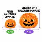 Two Halloween-themed dumplings with sizes labeled as 'Petite' and 'Regular', and measurements shown.