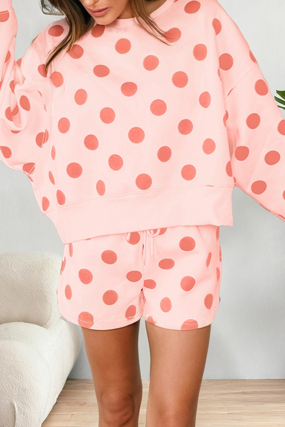 Retro Polka Dot 2-Piece Lounge Set | Relaxed Pullover & Drawstring Shorts