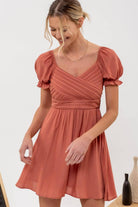 PLEATED WRAP PUFF SLEEVE BACK TIE MINI DRESS- Terracotta-How Cute is That? Boutique