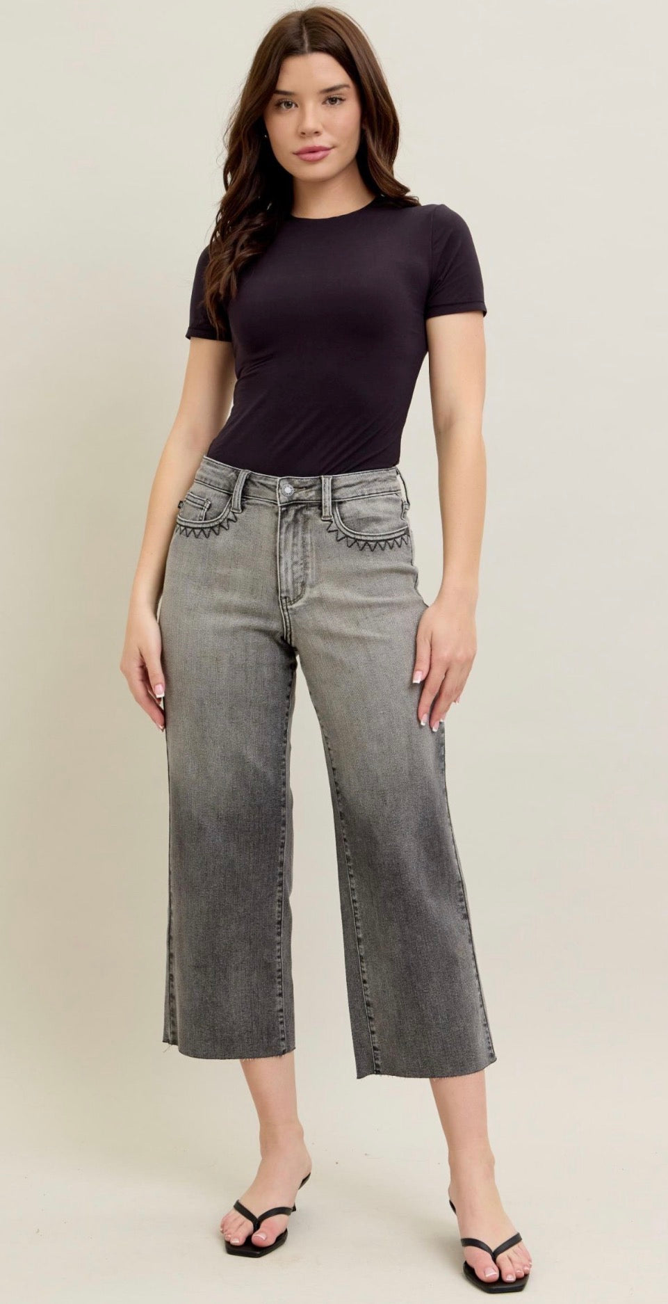 HW Vintage Grey Wash & Front Pkt Embroidery Crop Wide-How Cute is That? Boutique