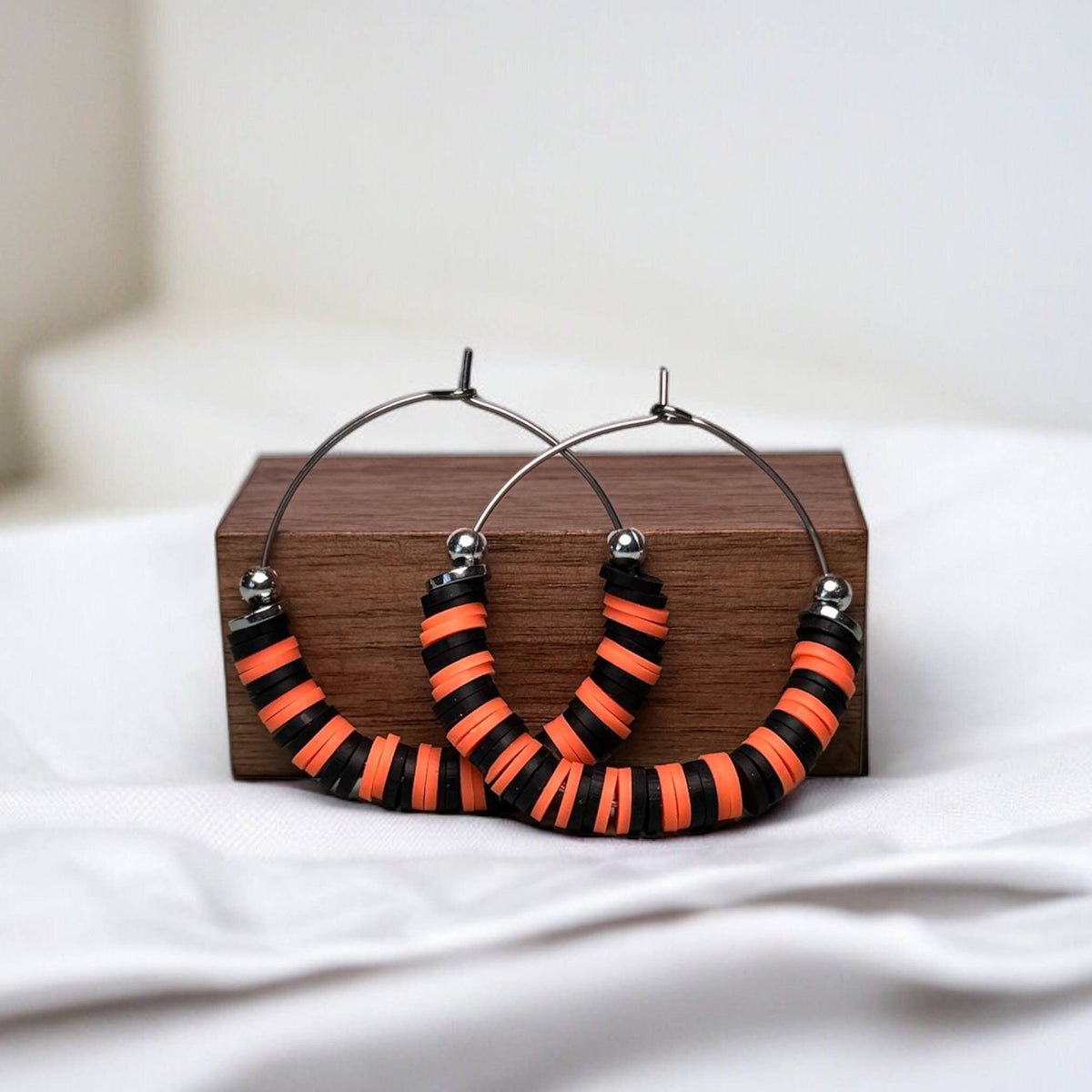 Orange and Black Heishi Bead Hoop Earrings-How Cute is That? Boutique