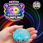 Fun Doh Mystery Mini Petite 2.5-inch Squishy Dumpling collectible blind bag featuring Bubbles, Fizzies, Metallic, Jelly Pop, Galactic, and rare Glow-in-the-Dark styles.