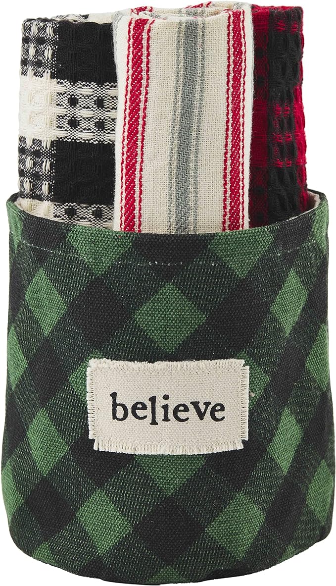 Green Buffalo Check Christmas Towel Bucket- "Believe"