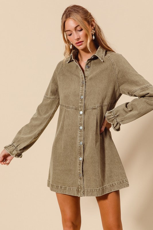 Button down denim dress in Olive