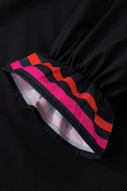 Striped Trim Ruffle Split Neck Blouse