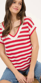 STRIPE V NECK CROCHET KNIT SHORT SLEEVE SWEATER-How Cute is That? Boutique