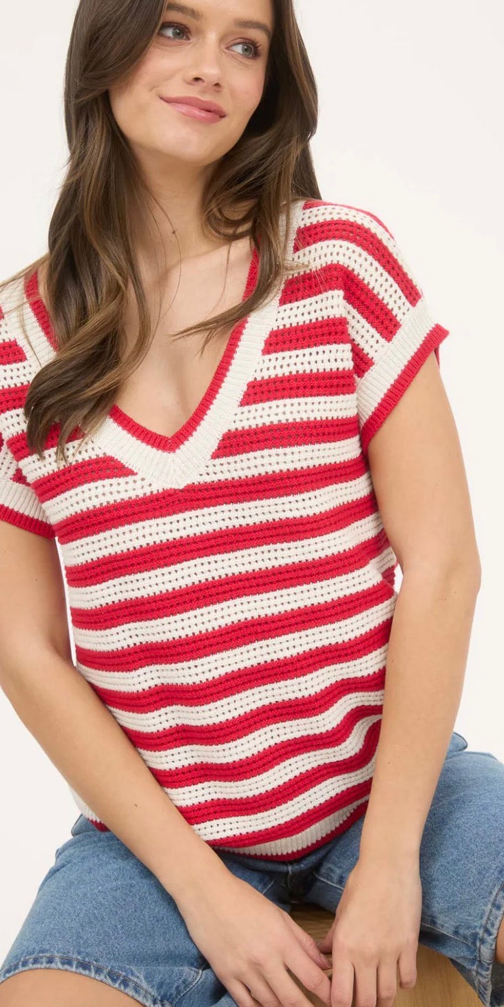 STRIPE V NECK CROCHET KNIT SHORT SLEEVE SWEATER