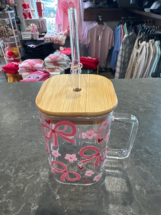 Bows, Flowers, and Hearts square Glass Tumbler with Flower Glass Straw