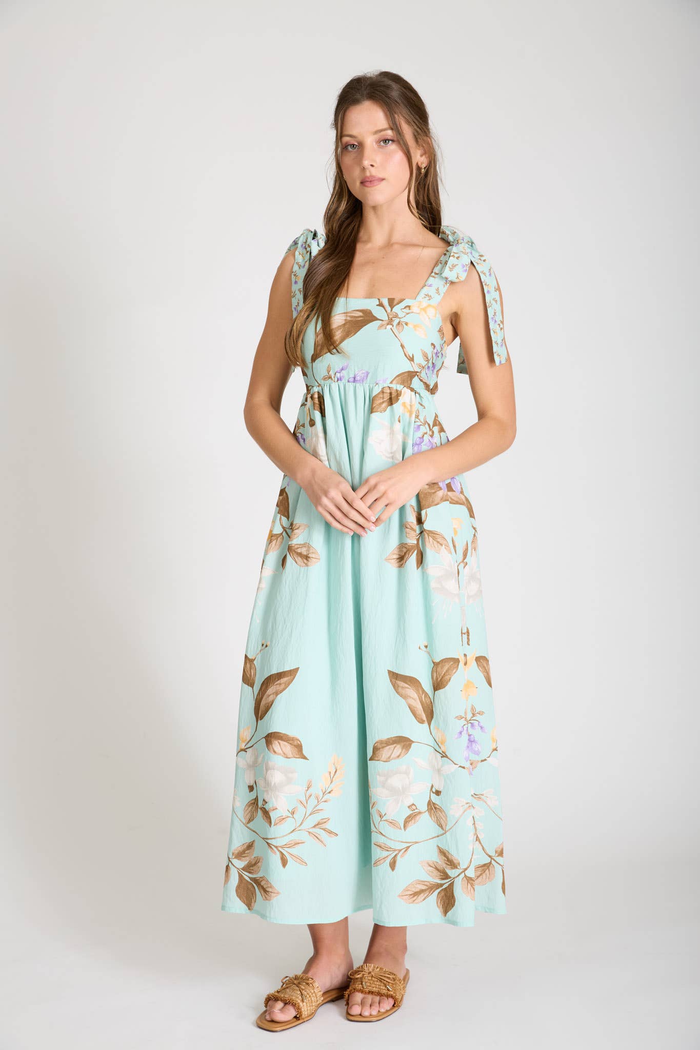FLORAL TIE STRAP DETAIL EMPIRE WAIST MIDI DRESS-How Cute is That? Boutique