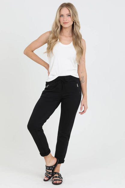 PULL ON TIE FRONT ZIPPER POCKET FRENCH TERRY JOGGER
