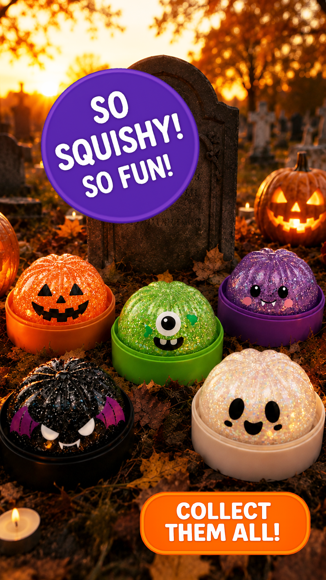 Halloween-themed squishy toys with glowing effects