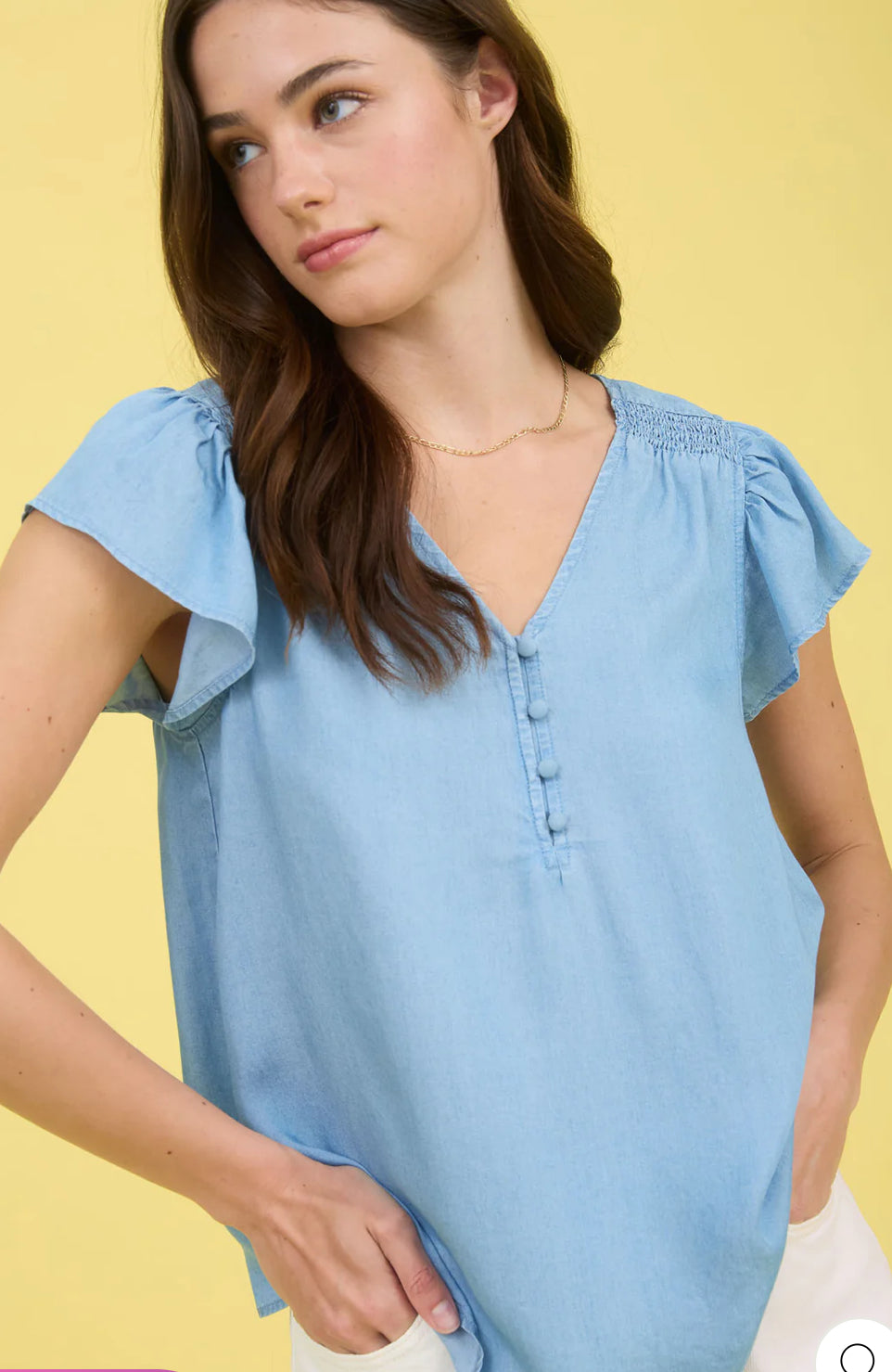 V NECK HALF BUTTON RUFFLE SLEEVE CHAMBRAY TOP-How Cute is That? Boutique