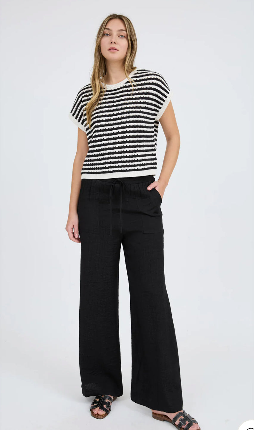 STRIPE CROCHET KNIT BATWING SHORT SLEEVE SWEATER