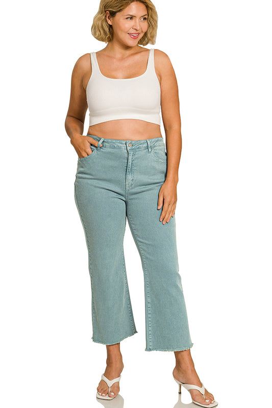 PLUS ACID WASHED HIGH WAIST FRAYED HEM BOOTCUT PANTS