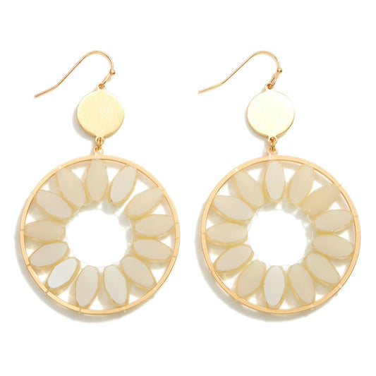 Metal Drop Earrings With Iridescent Beaded Flower Petals in Natural