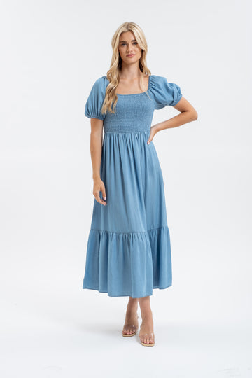 SMOCKED CHAMBRAY PUFF SLEEVE MIDI DRESS