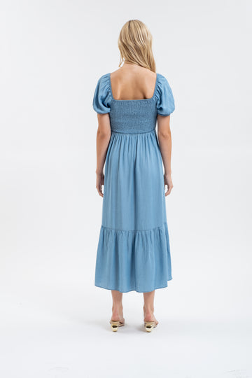 SMOCKED CHAMBRAY PUFF SLEEVE MIDI DRESS