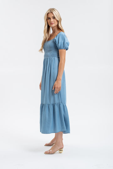 SMOCKED CHAMBRAY PUFF SLEEVE MIDI DRESS