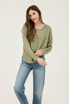 WAFFLE KNIT HENLEY LONG SLEEVE KNIT TOP-How Cute is That? Boutique