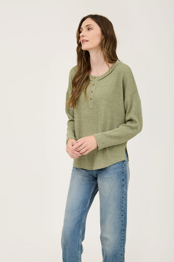 WAFFLE KNIT HENLEY LONG SLEEVE KNIT TOP