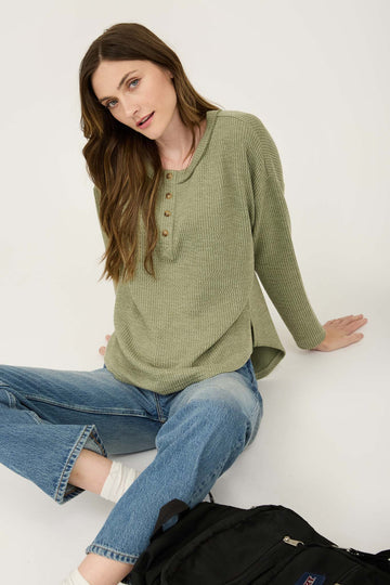 WAFFLE KNIT HENLEY LONG SLEEVE KNIT TOP