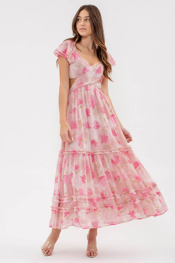 FLORAL WAIST CUT OUT RUFFLE MAXI DRESS