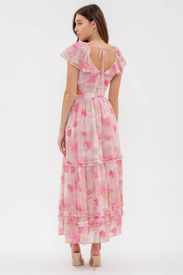 FLORAL WAIST CUT OUT RUFFLE MAXI DRESS