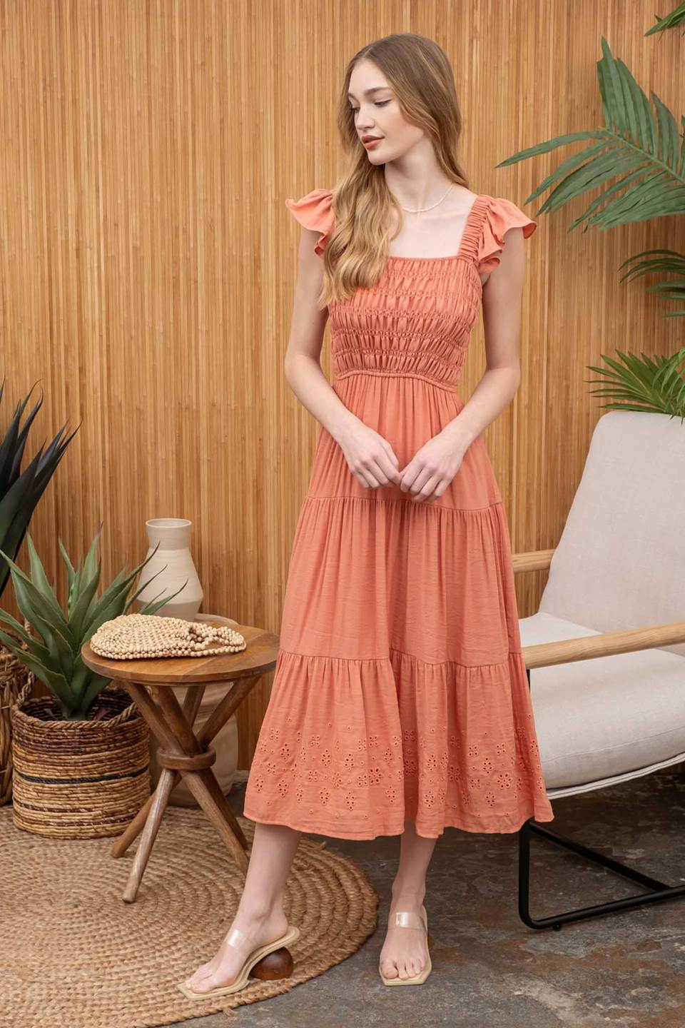 TIERED EYELET HEM MIDI DRESS in Dusty Orange-How Cute is That? Boutique