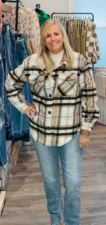 Black and Brown Plaid Button Shacket