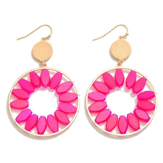 Metal Drop Earrings With Iridescent Beaded Flower Petals in Hot Pink