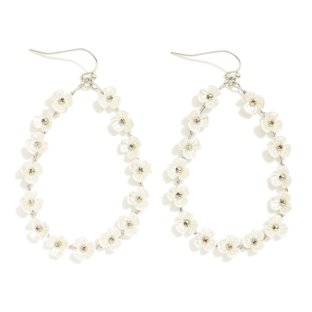 Metal Tone Wire Teardrop Drop Earrings Featuring Pearl Flower Details-How Cute is That? Boutique