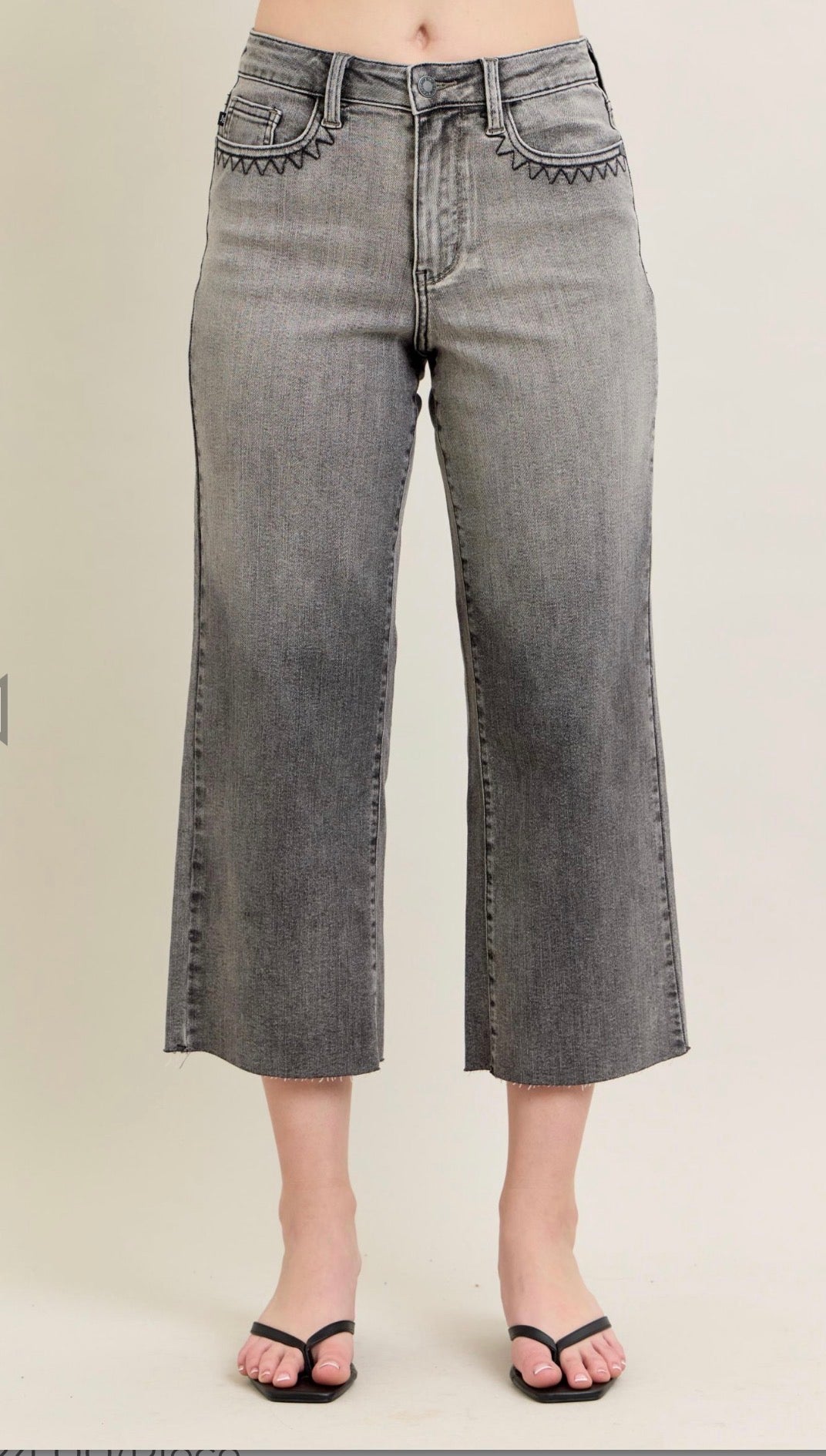 HW Vintage Grey Wash & Front Pkt Embroidery Crop Wide-How Cute is That? Boutique