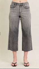 HW Vintage Grey Wash & Front Pkt Embroidery Crop Wide-How Cute is That? Boutique