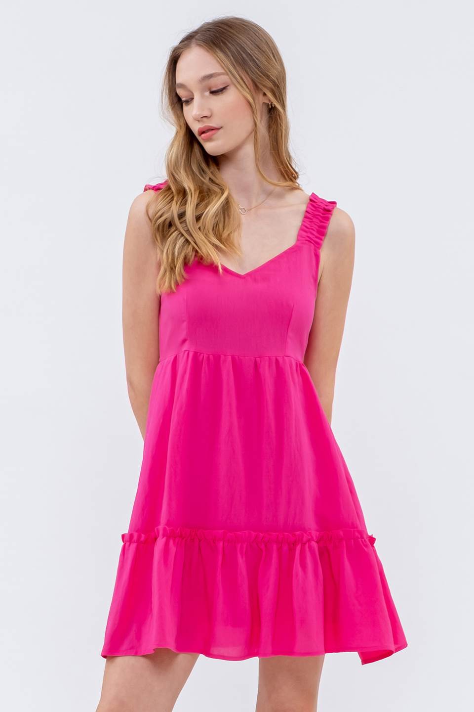 SOLID RUFFLE V NECK MINI DRESS