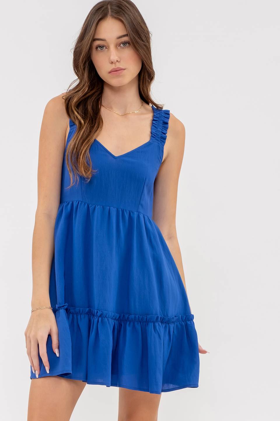 SOLID RUFFLE V NECK MINI DRESS