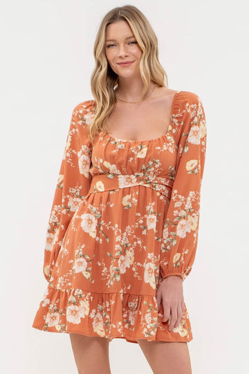 FLORAL LONG SLEEVE BACK TIE MINI DRESS-How Cute is That? Boutique