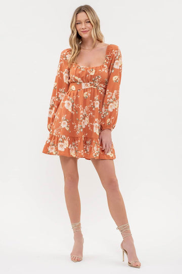 FLORAL LONG SLEEVE BACK TIE MINI DRESS