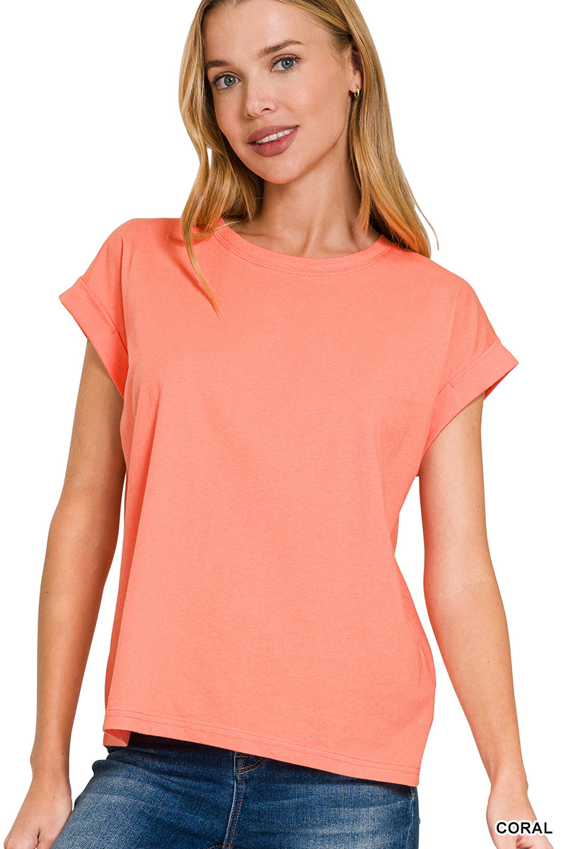 Round neck folded short sleeve t-shirt-How Cute is That? Boutique