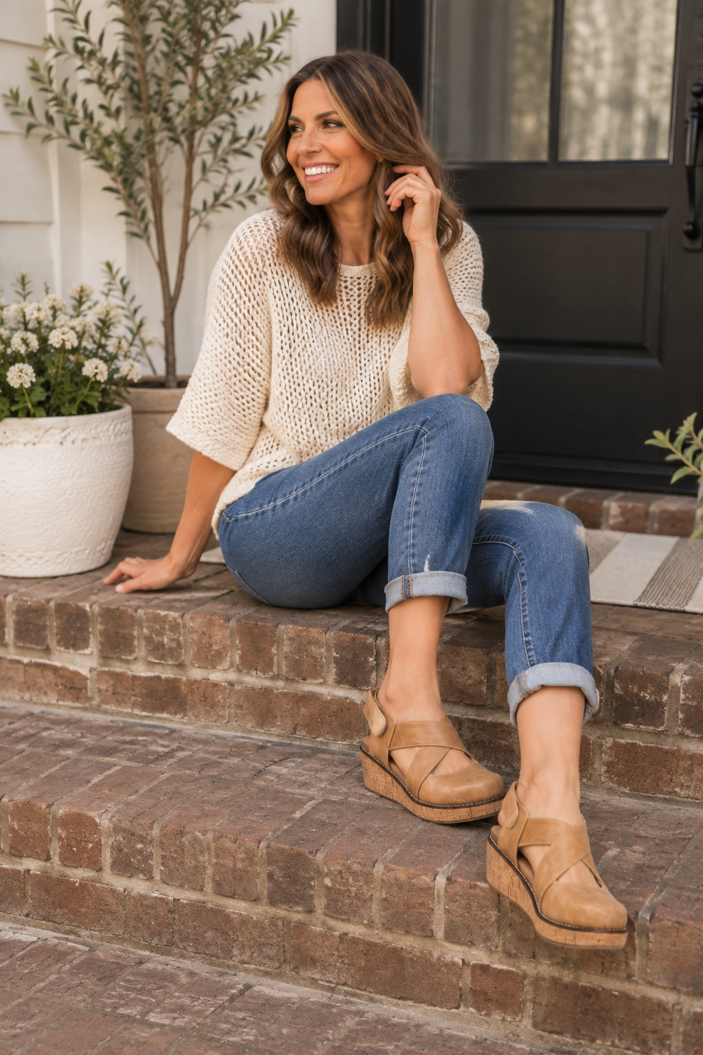 Corkys Bring It In caramel wedge shoes styled with cuffed jeans and a cream knit top