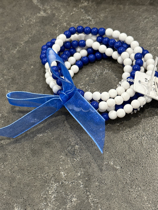 Blue and White Beaded Game Day Bracelet Stack