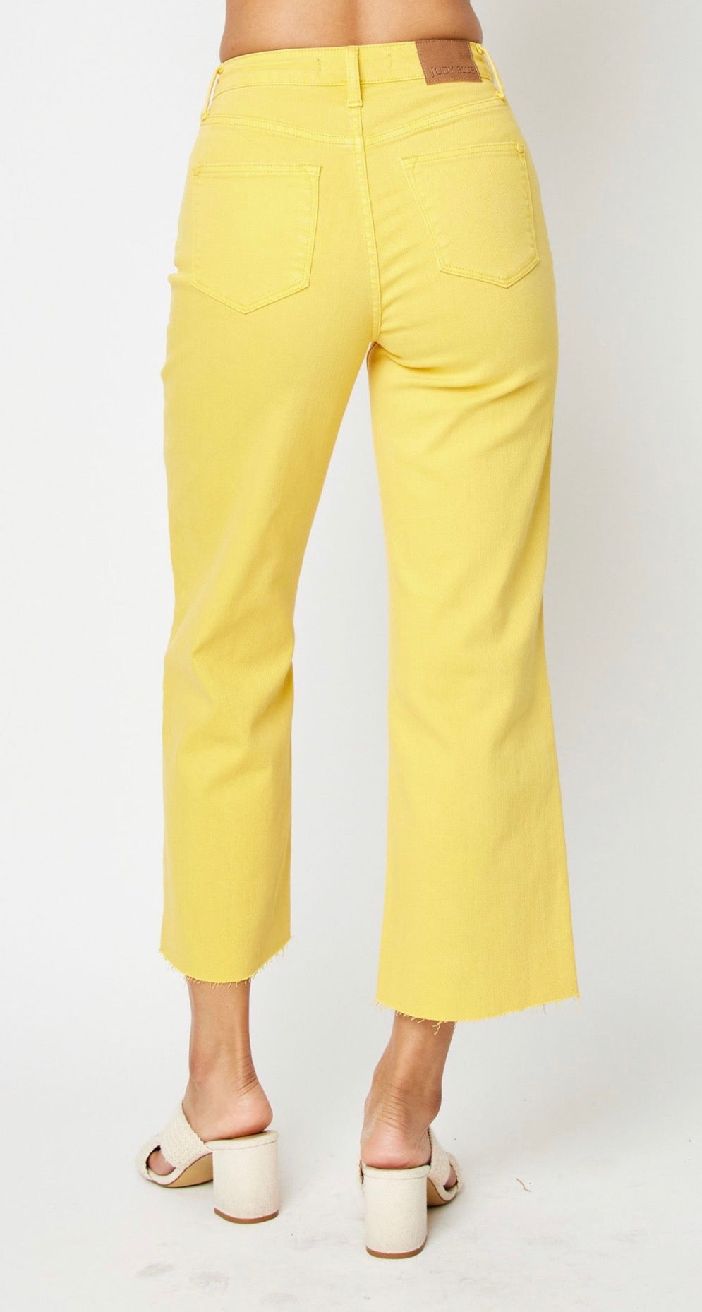 Judy Blue HIGH WAIST GARMENT DYED BRAIDED WAISTBAND CROP WIDE LEG in Yellow-How Cute is That? Boutique