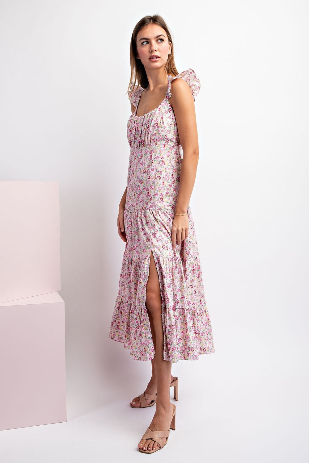 FLORAL PRINT MIDI DRESS WITH SIDE SLIT-How Cute is That? Boutique