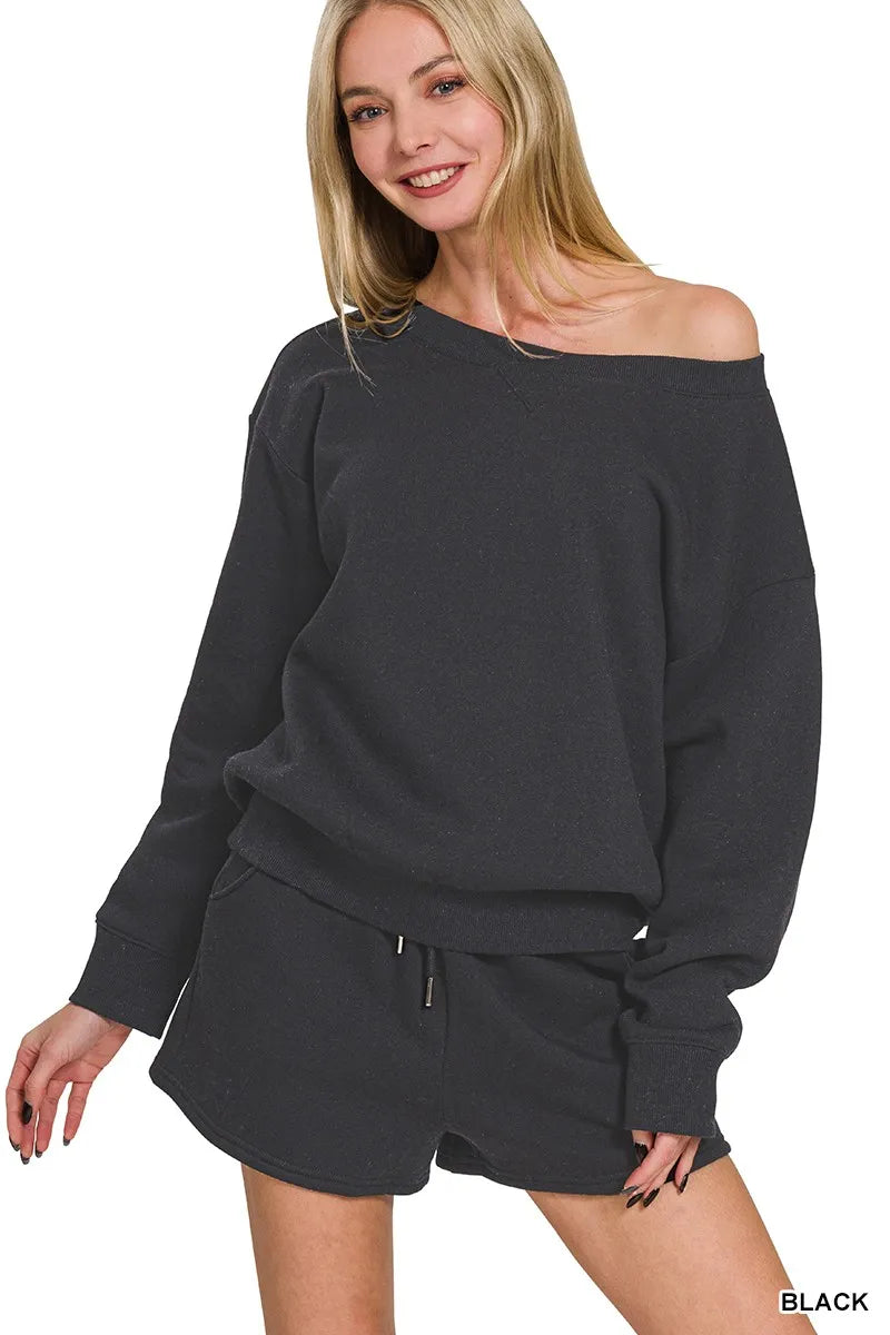 FLEECE BOAT NECK SWEATSHIRTS & SHORTS 2PCS SET in black-How Cute is That? Boutique