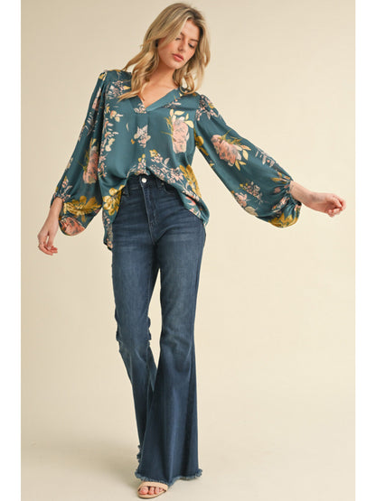 Satin Floral Print Blouse in Teal