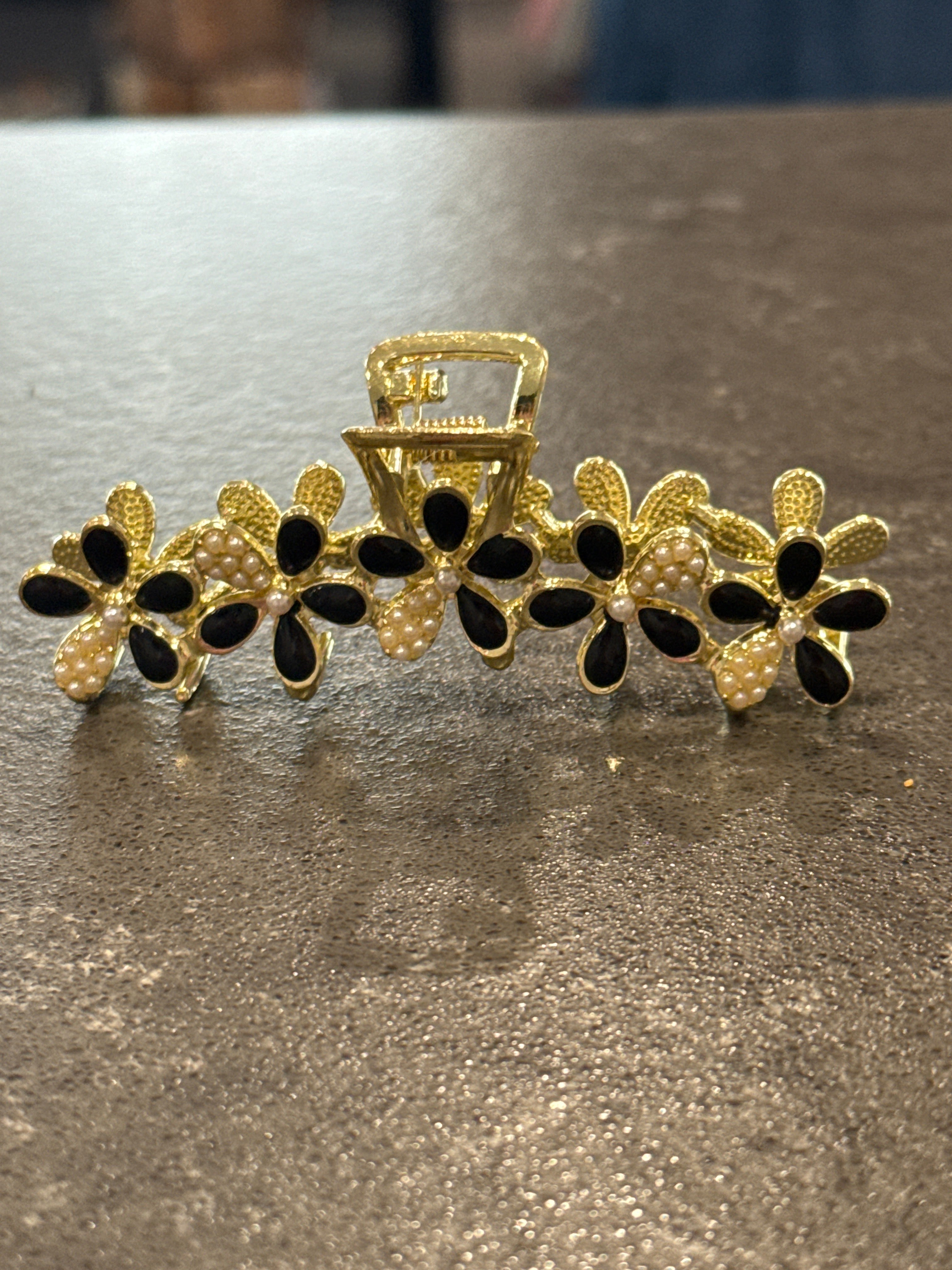 Pearl Black Flower Hair Claw in Gold-How Cute is That? Boutique