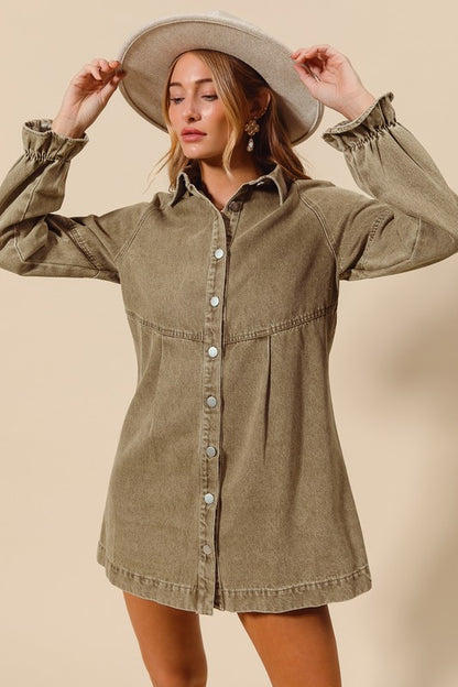 Button down denim dress in Olive